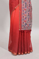 Orange & maroon dual shade checked linen cotton saree with self zari border and contrast printed pallu