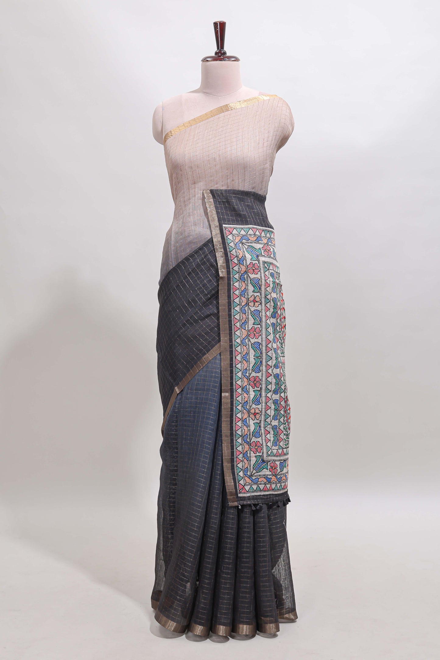 Off white & Black dual shade checked linen cotton saree with self zari border and contrast printed pallu