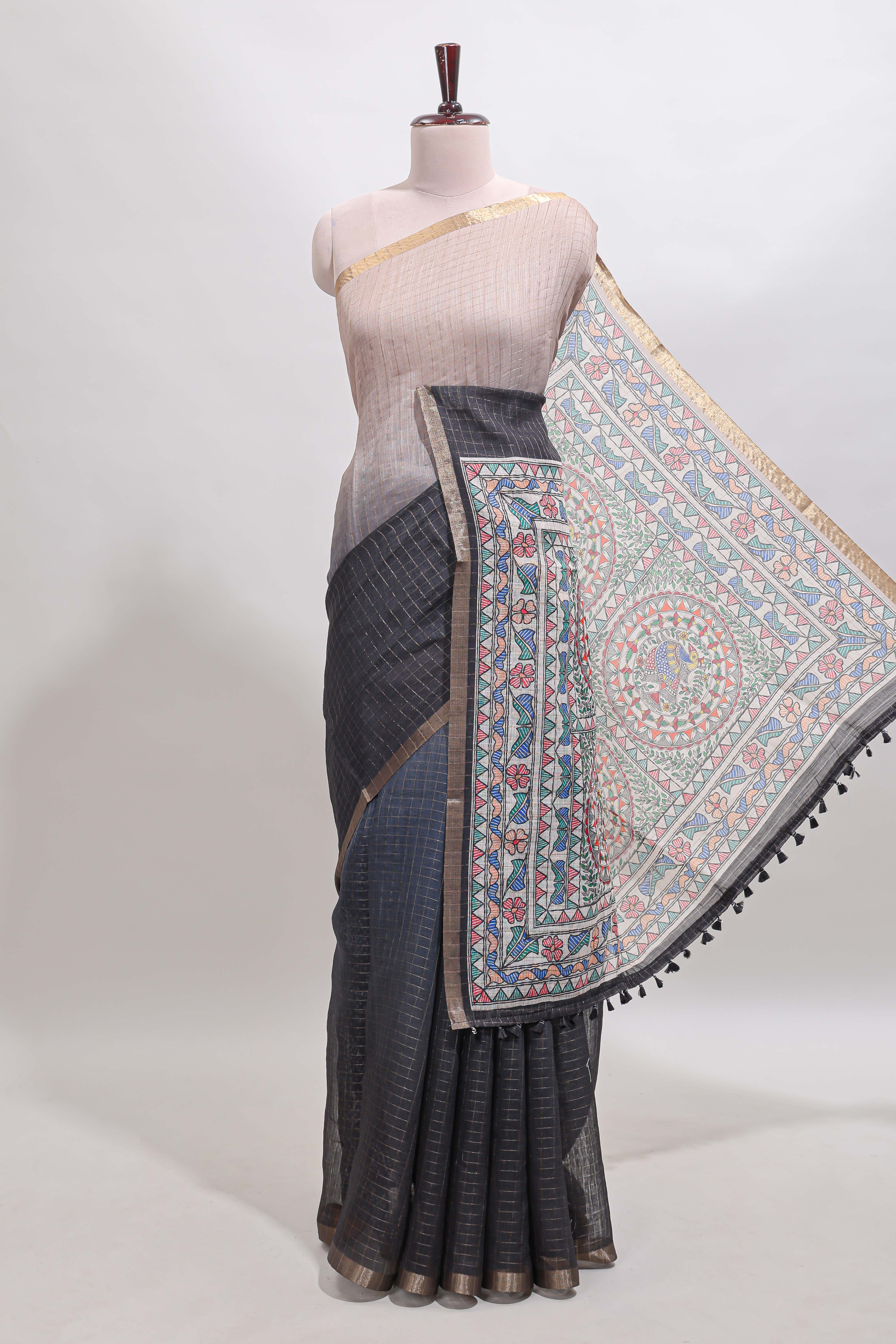 Off white & Black dual shade checked linen cotton saree with self zari border and contrast printed pallu