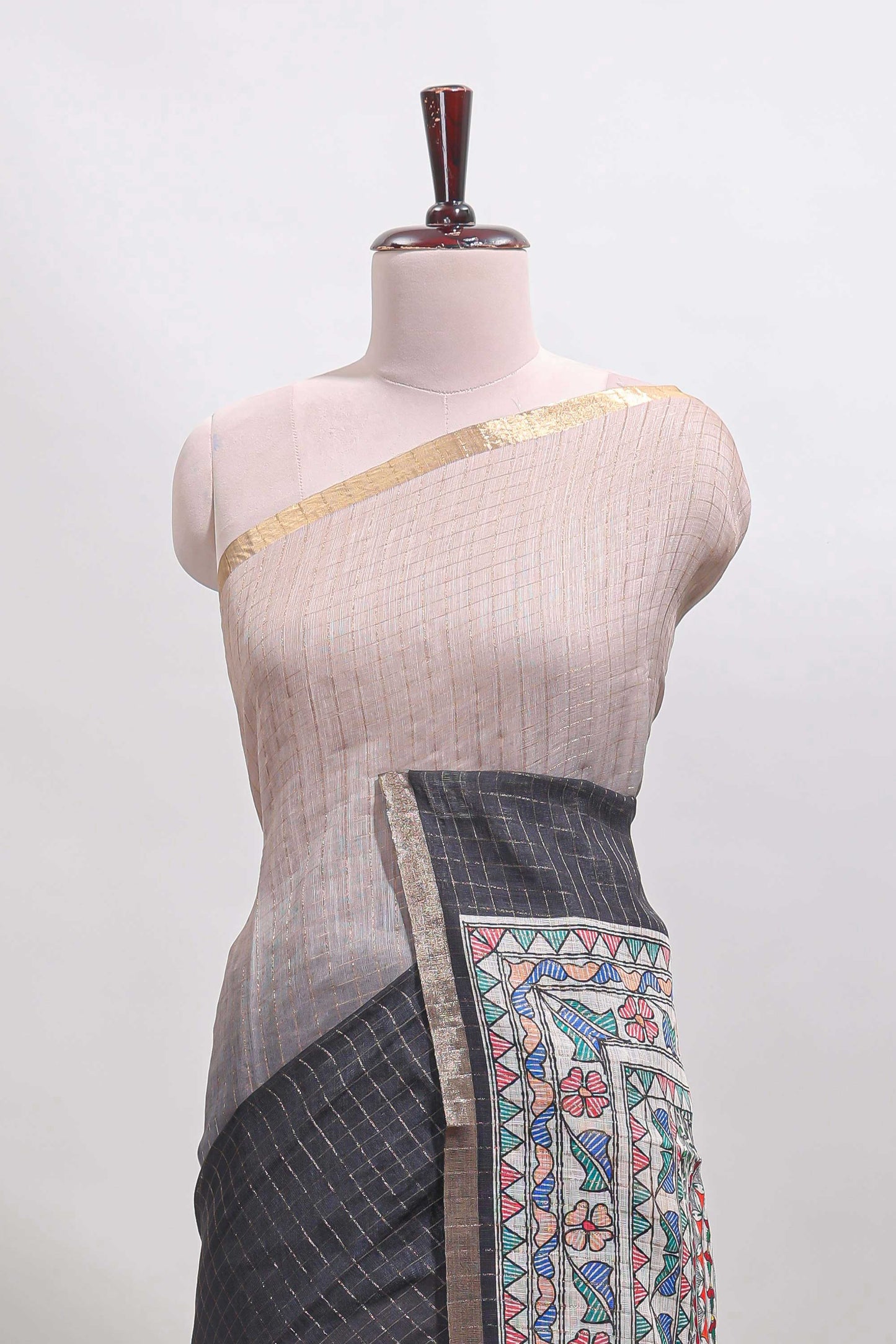 Off white & Black dual shade checked linen cotton saree with self zari border and contrast printed pallu