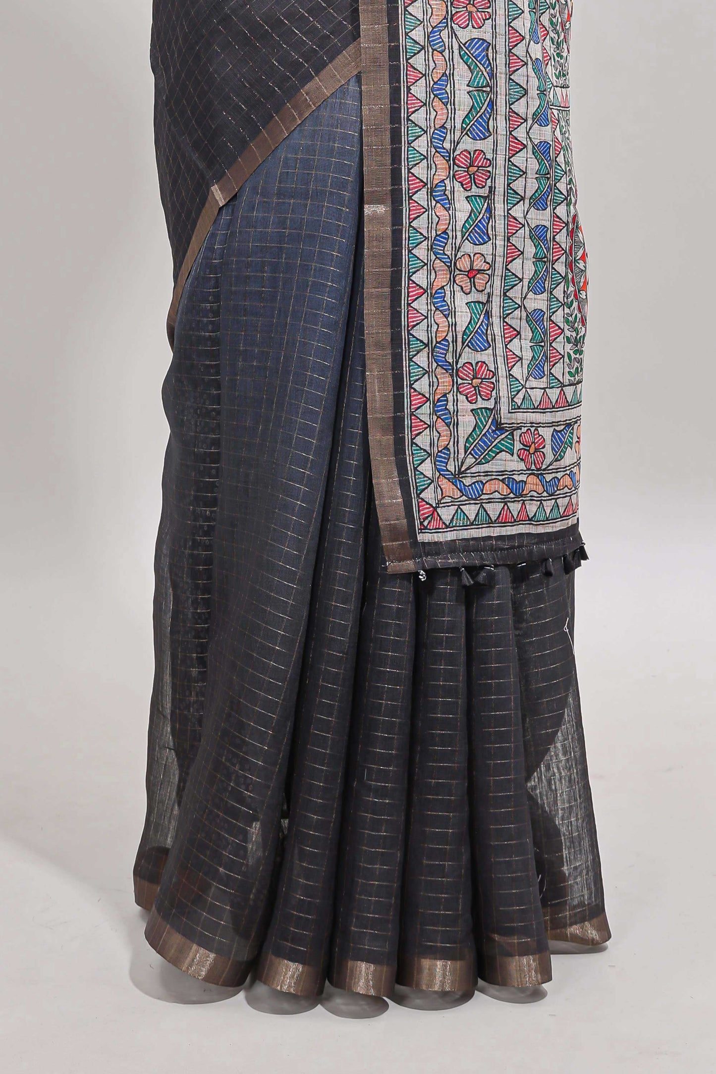 Off white & Black dual shade checked linen cotton saree with self zari border and contrast printed pallu