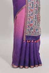 Pink & violet dual shade checked linen cotton saree with self zari border and contrast printed pallu