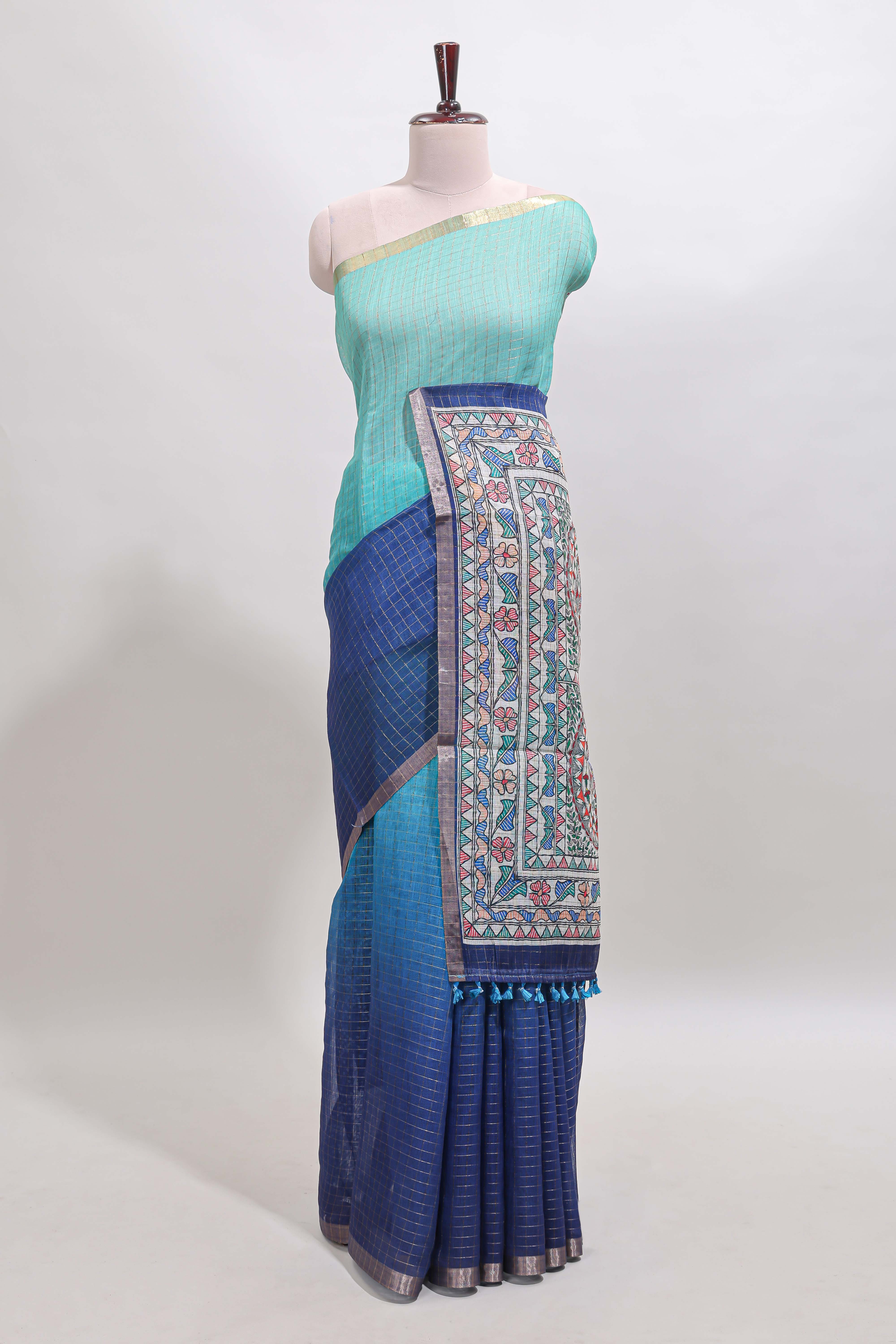 Turquoise green & blue dual shade checked linen cotton saree with self zari border and contrast printed pallu