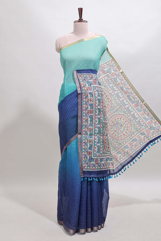 Turquoise green & blue dual shade checked linen cotton saree with self zari border and contrast printed pallu