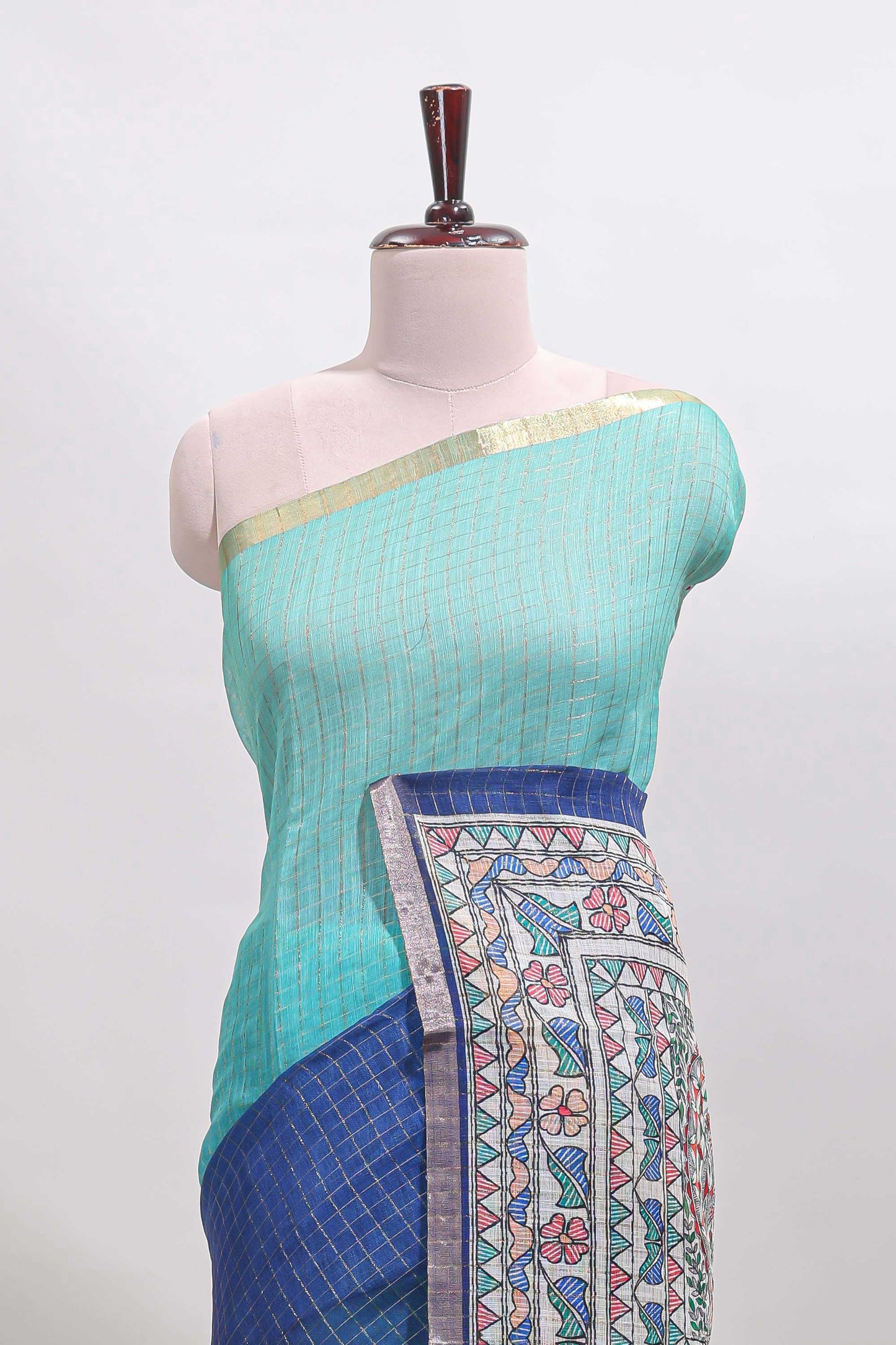 Turquoise green & blue dual shade checked linen cotton saree with self zari border and contrast printed pallu