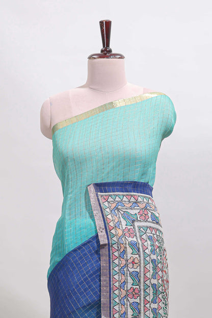 Turquoise green & blue dual shade checked linen cotton saree with self zari border and contrast printed pallu