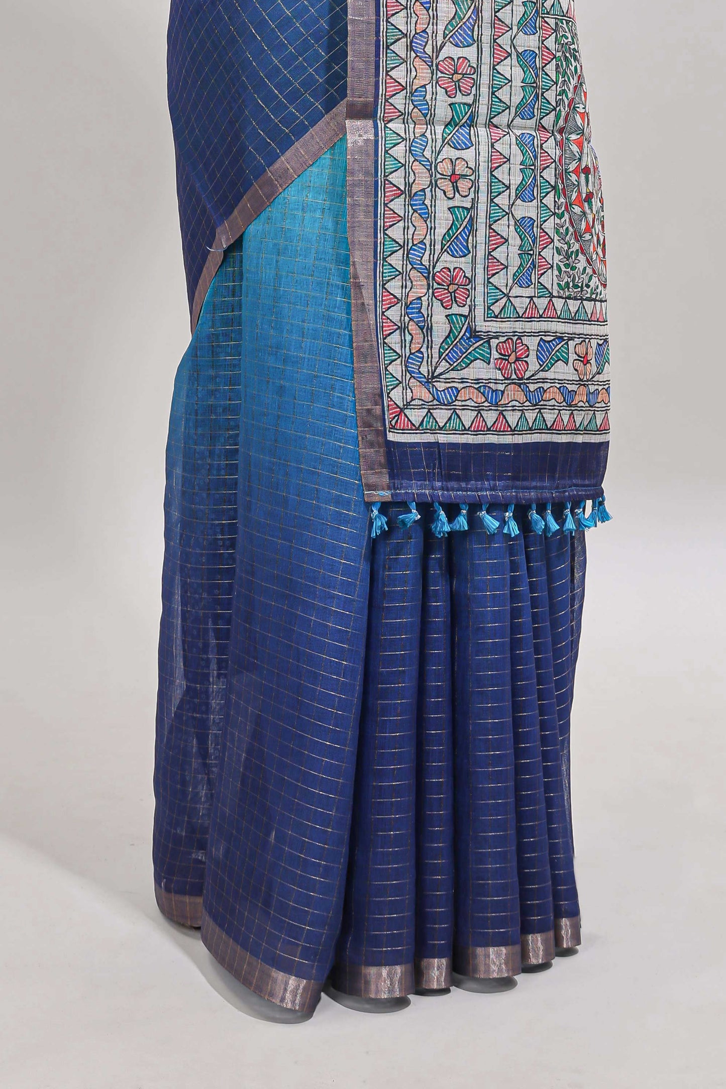 Turquoise green & blue dual shade checked linen cotton saree with self zari border and contrast printed pallu