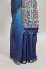 Turquoise green & blue dual shade checked linen cotton saree with self zari border and contrast printed pallu