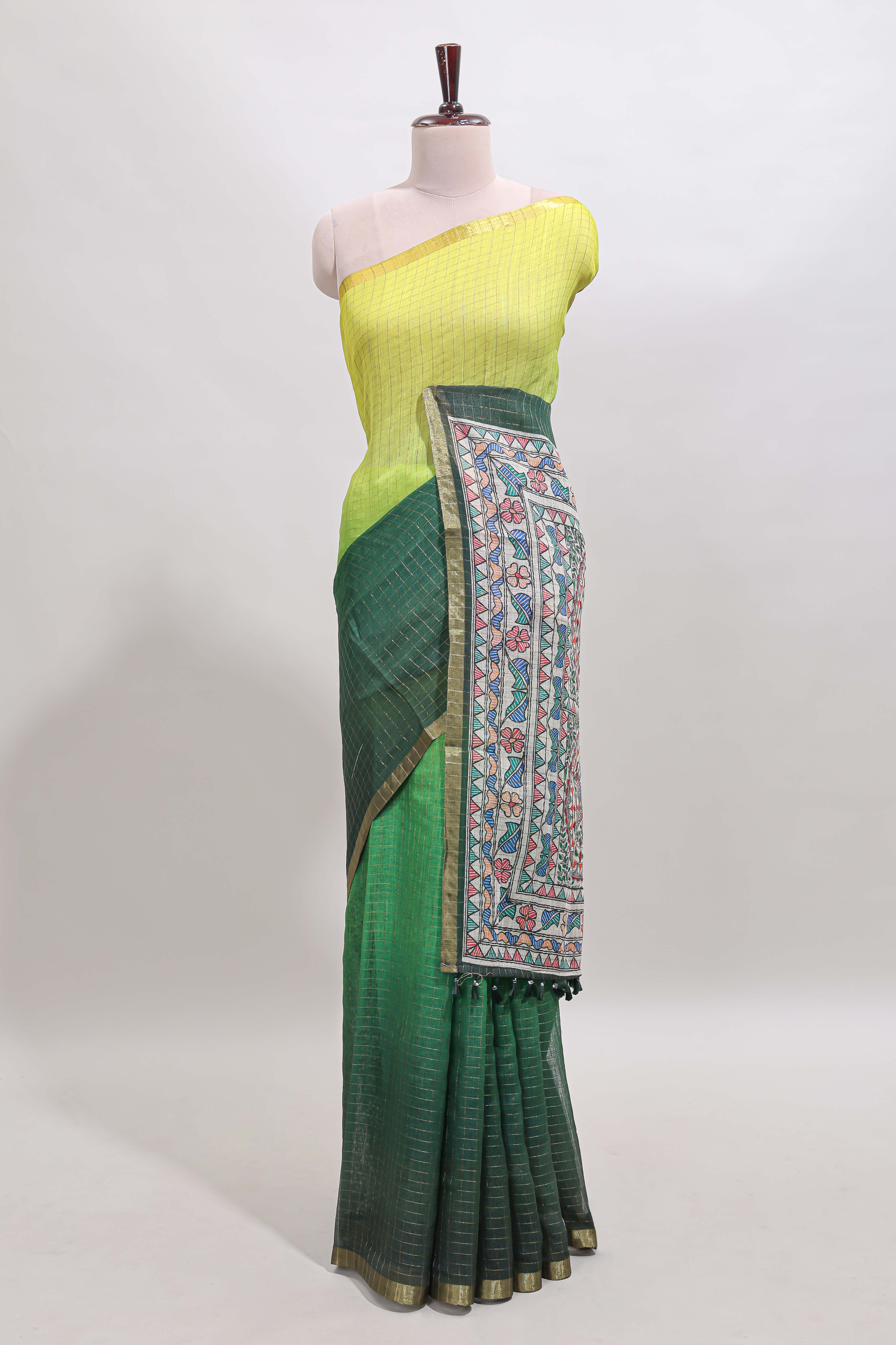 Yellow & green dual shade checked linen cotton saree with self zari border and contrast printed pallu