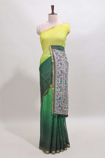 Yellow & green dual shade checked linen cotton saree with self zari border and contrast printed pallu