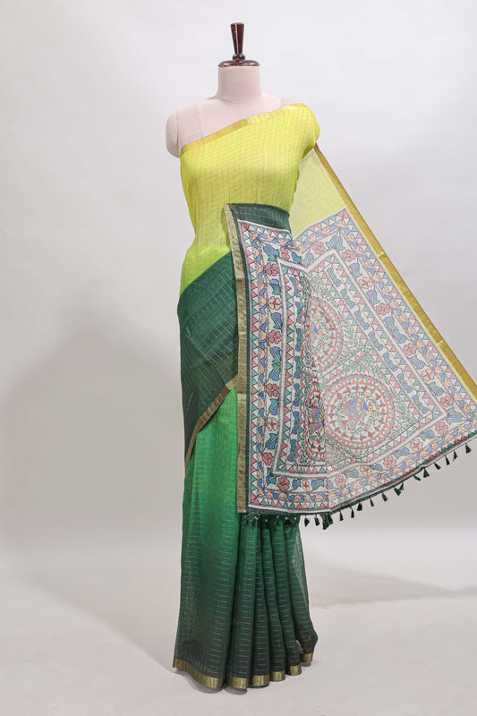 Yellow & green dual shade checked linen cotton saree with self zari border and contrast printed pallu