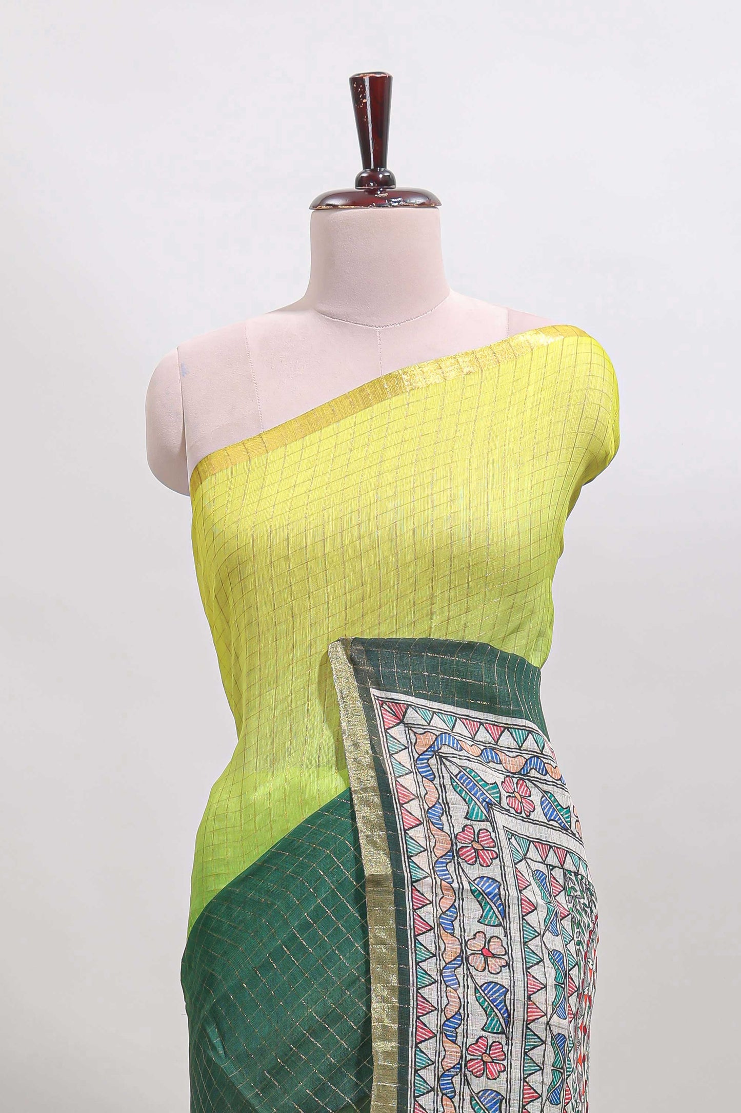Yellow & green dual shade checked linen cotton saree with self zari border and contrast printed pallu