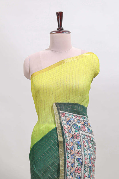 Yellow & green dual shade checked linen cotton saree with self zari border and contrast printed pallu