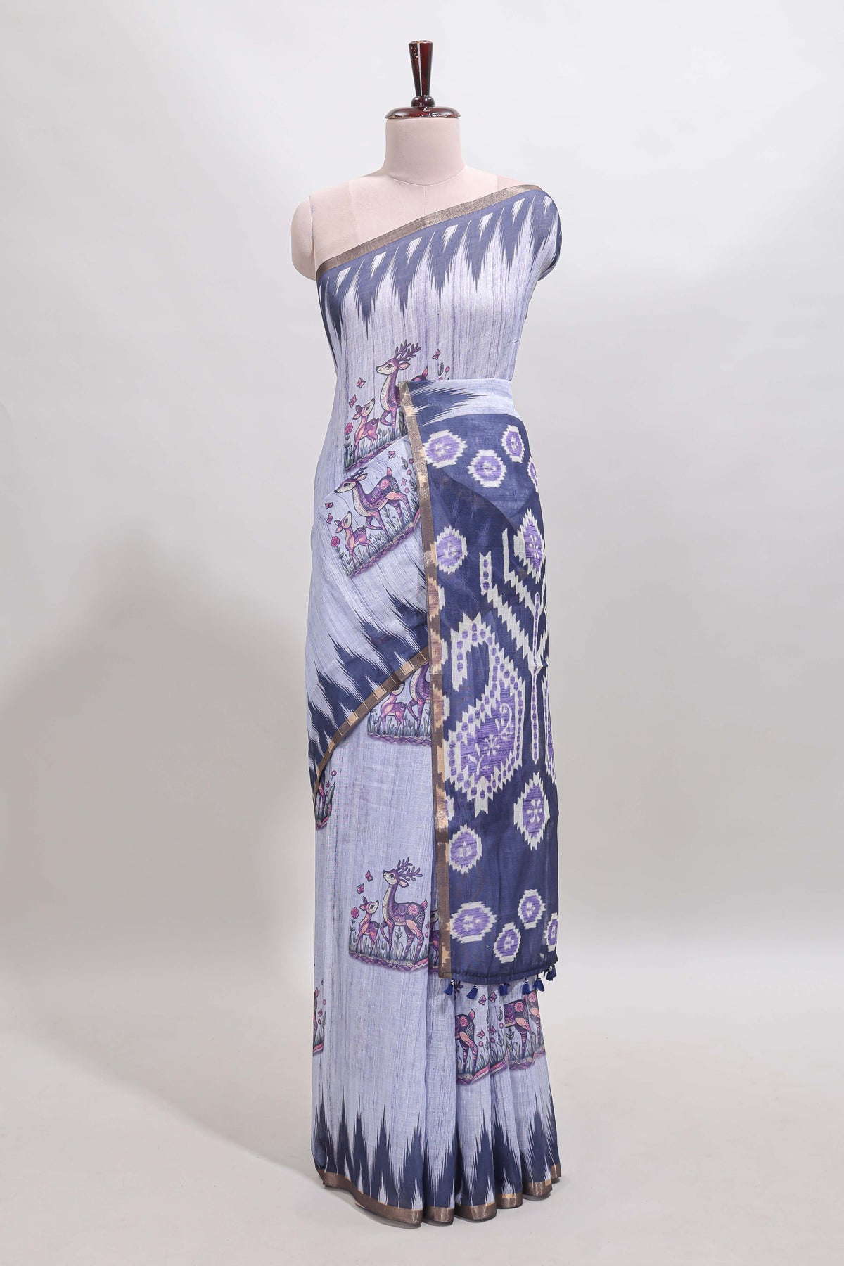 Lavender deer & fawn motifs linen cotton saree with self zari border and contrast ikkat style pallu