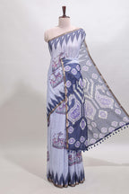 Lavender deer & fawn motifs linen cotton saree with self zari border and contrast ikkat style pallu