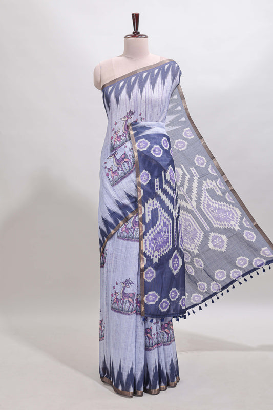 Lavender deer & fawn motifs linen cotton saree with self zari border and contrast ikkat style pallu