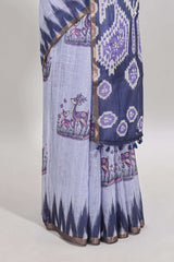 Lavender deer & fawn motifs linen cotton saree with self zari border and contrast ikkat style pallu