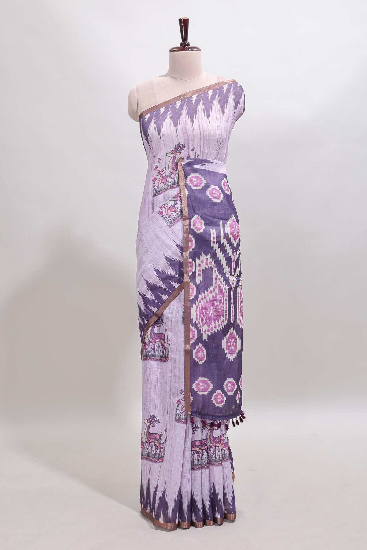 Purple deer & fawn motifs linen cotton saree with self zari border and contrast ikkat style pallu