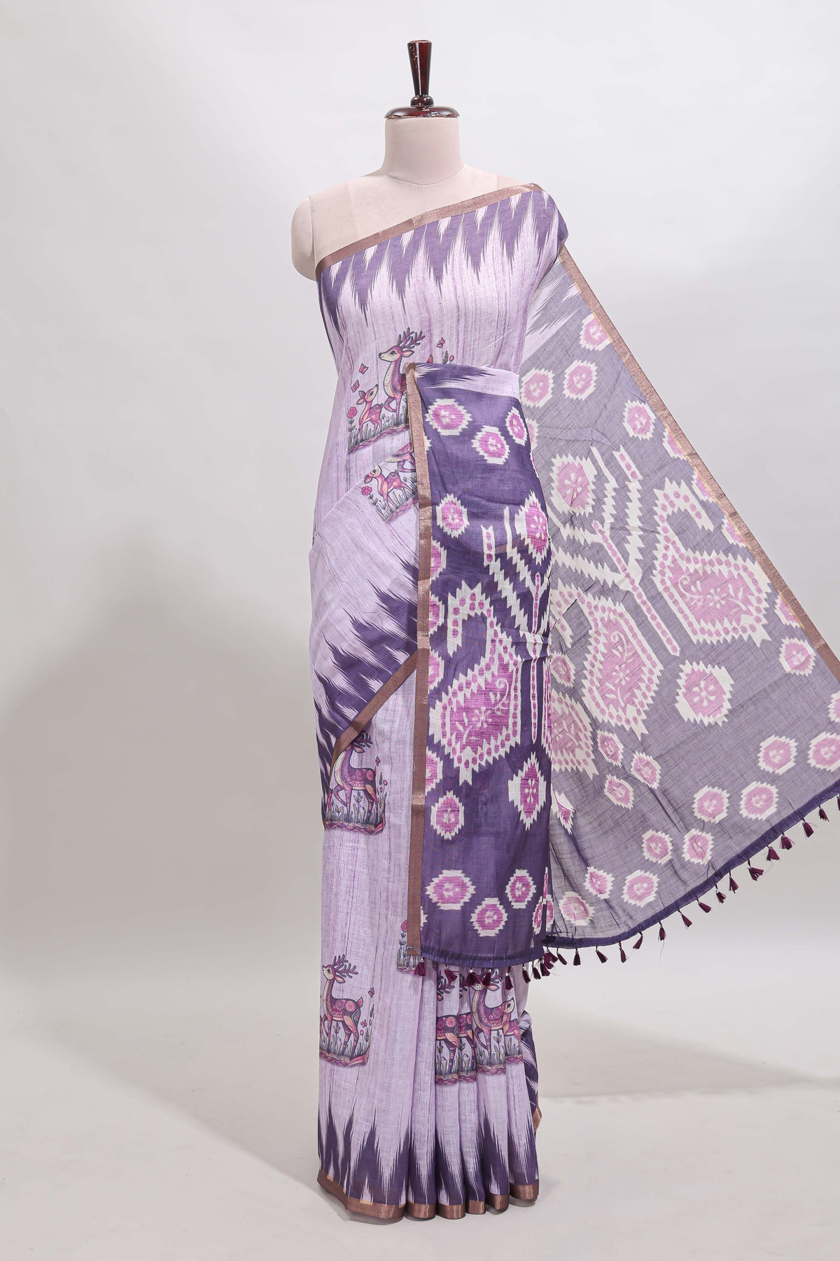 Purple deer & fawn motifs linen cotton saree with self zari border and contrast ikkat style pallu
