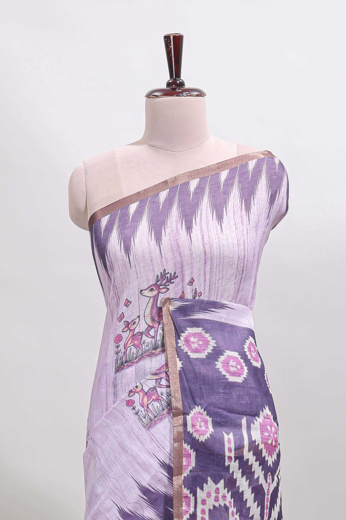 Purple deer & fawn motifs linen cotton saree with self zari border and contrast ikkat style pallu
