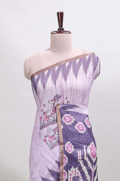 Purple deer & fawn motifs linen cotton saree with self zari border and contrast ikkat style pallu