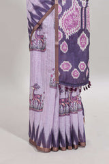 Purple deer & fawn motifs linen cotton saree with self zari border and contrast ikkat style pallu