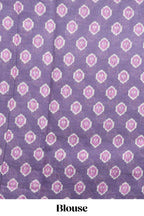 Purple deer & fawn motifs linen cotton saree with self zari border and contrast ikkat style pallu
