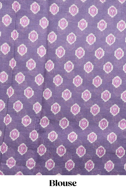 Purple deer & fawn motifs linen cotton saree with self zari border and contrast ikkat style pallu