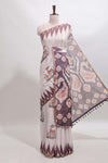 Brown deer & fawn motifs linen cotton saree with self zari border and contrast ikkat style pallu