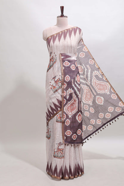Brown deer & fawn motifs linen cotton saree with self zari border and contrast ikkat style pallu