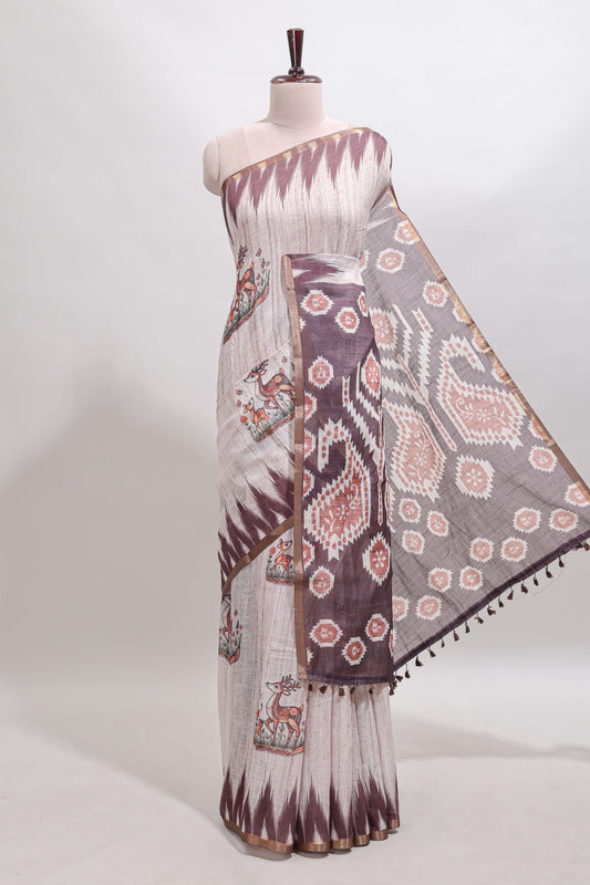 Brown deer & fawn motifs linen cotton saree with self zari border and contrast ikkat style pallu