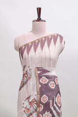 Brown deer & fawn motifs linen cotton saree with self zari border and contrast ikkat style pallu