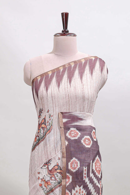 Brown deer & fawn motifs linen cotton saree with self zari border and contrast ikkat style pallu