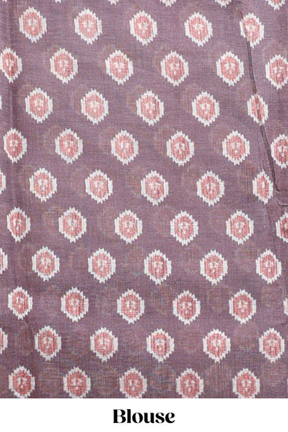 Brown deer & fawn motifs linen cotton saree with self zari border and contrast ikkat style pallu
