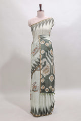 Green deer & fawn motifs linen cotton saree with self zari border and contrast ikkat style pallu
