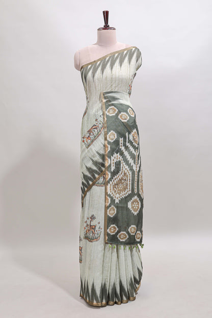 Green deer & fawn motifs linen cotton saree with self zari border and contrast ikkat style pallu