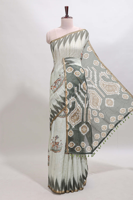 Green deer & fawn motifs linen cotton saree with self zari border and contrast ikkat style pallu