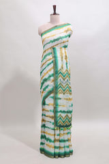 White tie & dye striped linen cotton saree with contrast zari border and printed blouse