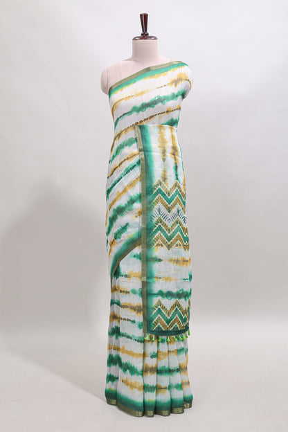 White tie & dye striped linen cotton saree with contrast zari border and printed blouse