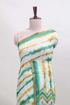 White tie & dye striped linen cotton saree with contrast zari border and printed blouse