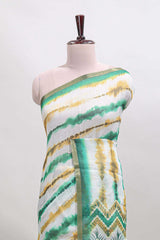 White tie & dye striped linen cotton saree with contrast zari border and printed blouse