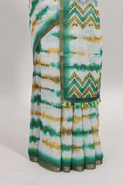 White tie & dye striped linen cotton saree with contrast zari border and printed blouse