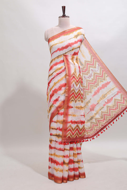 White tie & dye striped linen cotton saree with contrast zari border and printed blouse