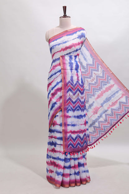 White tie & dye striped linen cotton saree with contrast zari border and printed blouse