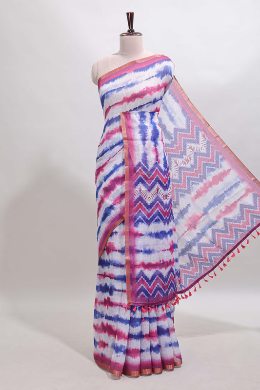 White tie & dye striped linen cotton saree with contrast zari border and printed blouse