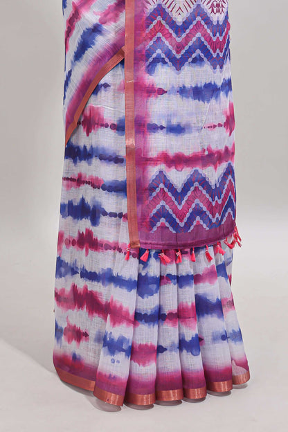 White tie & dye striped linen cotton saree with contrast zari border and printed blouse