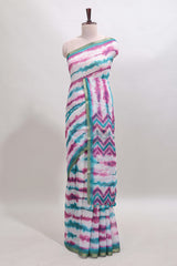 White tie & dye striped linen cotton saree with contrast zari border and printed blouse