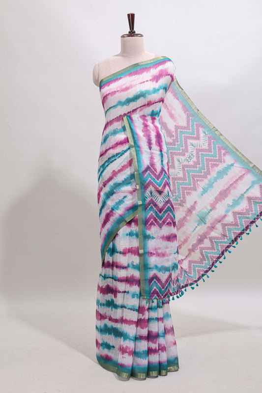 White tie & dye striped linen cotton saree with contrast zari border and printed blouse