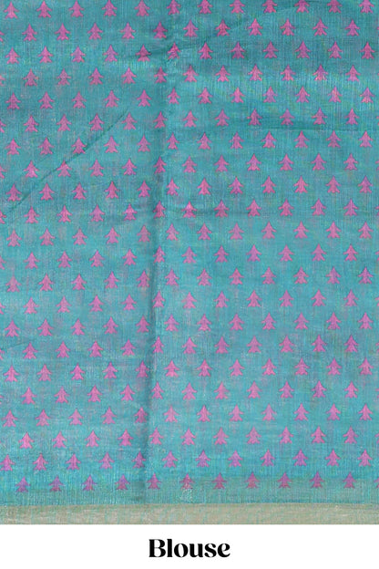 White tie & dye striped linen cotton saree with contrast zari border and printed blouse