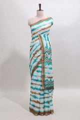 White tie & dye striped linen cotton saree with contrast zari border and printed blouse